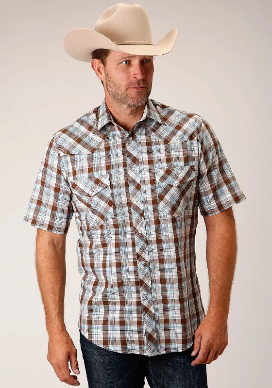 Roper Mens Brown/Blue Cotton Blend Plaid S/S Shirt