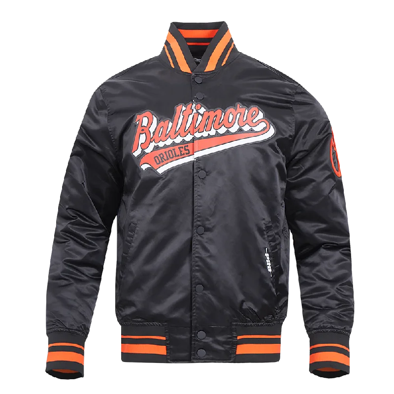 MLB BALTIMORE ORIOLES SCRIPT TAIL MEN'S SATIN JACKET (BLACK/ORANGE)