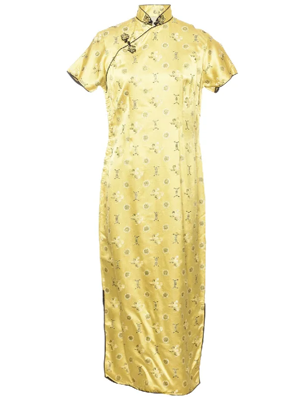 Gold Patterned Metallic Cheongsam Collar Dress - M