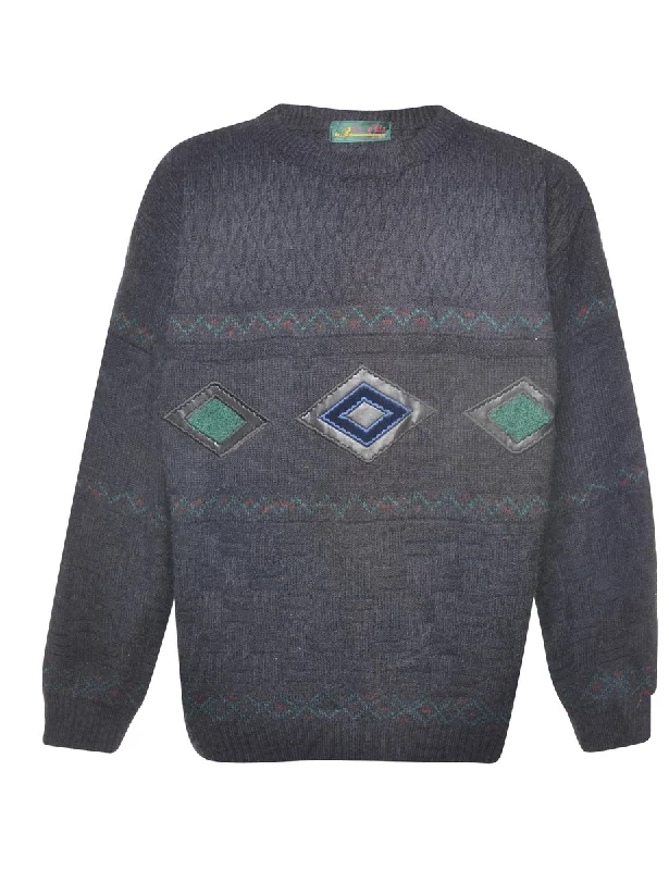 Grey Embroidered Argyle Design Jumper  - L