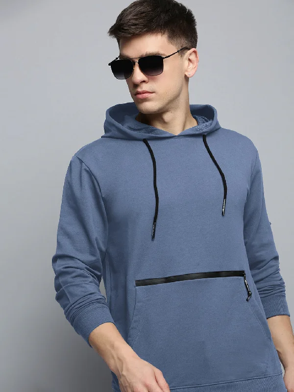 Men Blue Solid Casual Hoodie