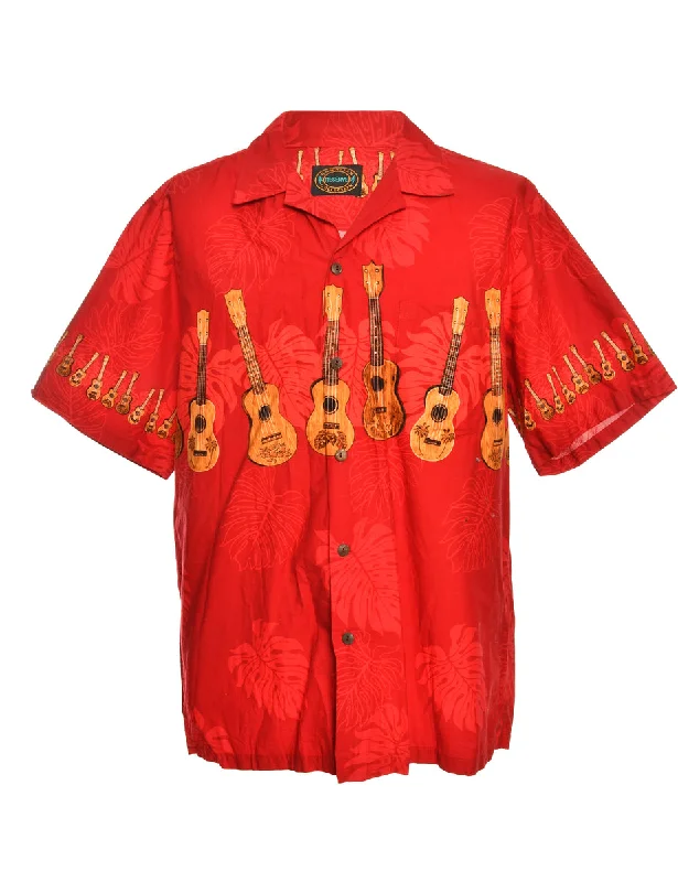 Guitar Print Red Hawaiian Shirt - XL