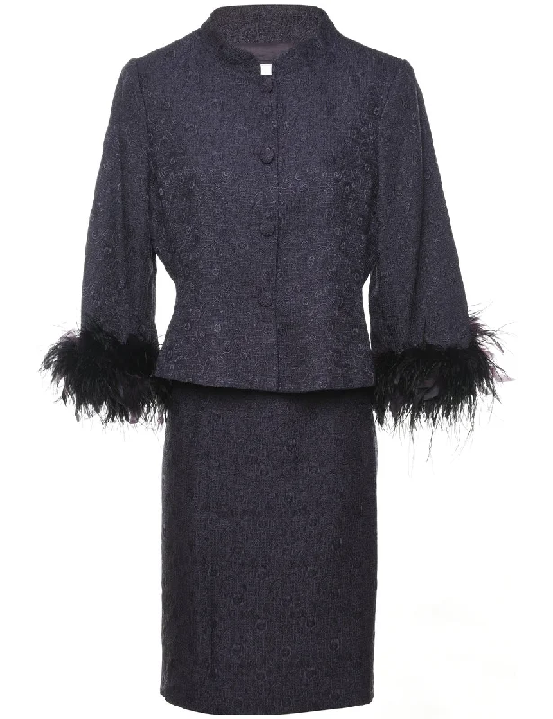 Jacquard Purple Feather Trim Jacket & Skirt Set - L