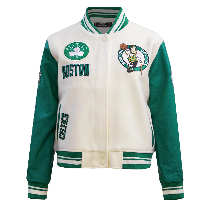 NBA BOSTON CELTICS RETRO CLASSIC WOMEN'S RIB WOOL VARSITY JACKET (EGGSHELL/ KELLY GREEN)