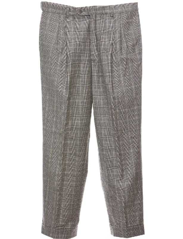 Grey Pleated Checked Pattern Trousers - W36 L31