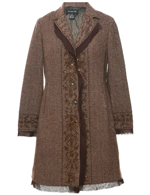 Herringbone Tweed Wool Coat - M