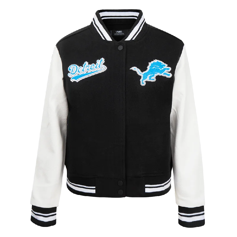 NFL DETROIT LIONS SCRIPT TAIL WOMEN'S WOOL VARSITY JACKET (BLACK/WHITE)