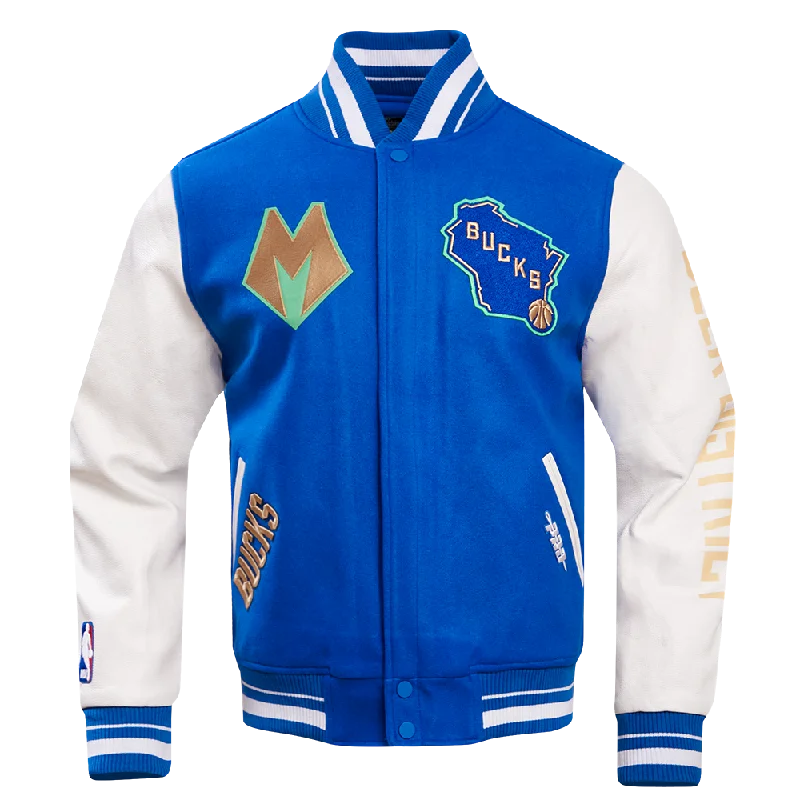 NBA MILWAUKEE BUCKS MEN'S CHEST DEER DISTRICT RIB WOOL VARSITY JACKET (ROYAL BLUE/WHITE)