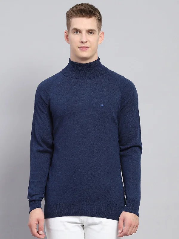 Men Navy Blue Solid High Neck Full Sleeve Pullover