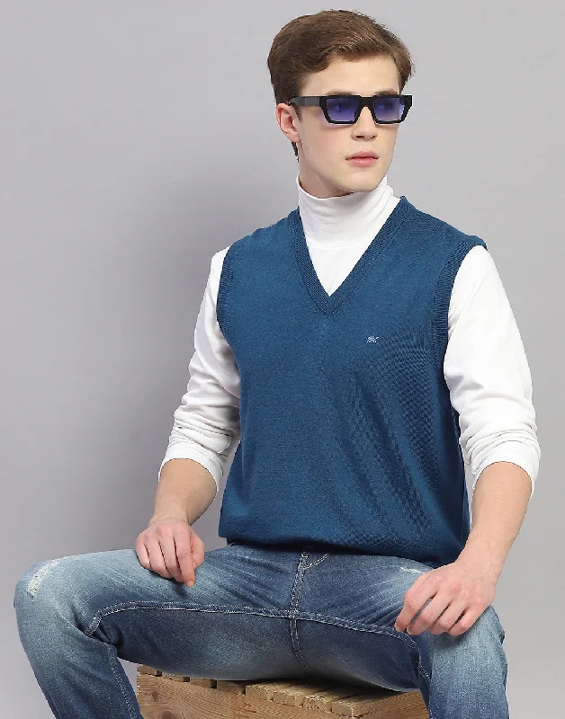 Men Blue Solid V Neck Sleeveless Sweater