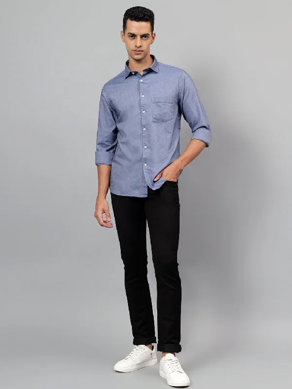 Men's Blue Self Design Casual Full Sleeves Shirt