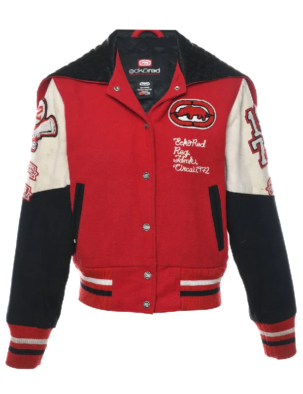 Hooded Black, Red & White Ecko 2000s Varsity Jacket - M