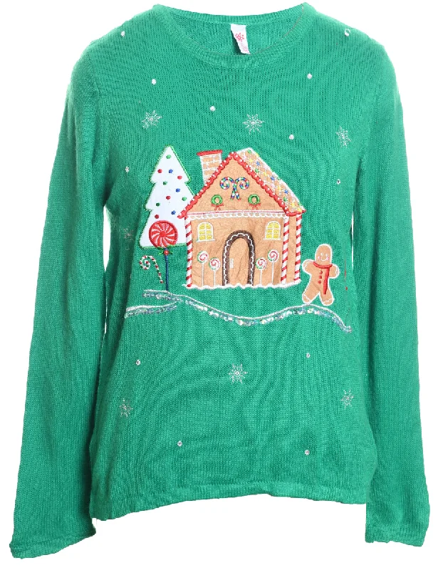 Green Classic Knit Embroidered Christmas Jumper - M