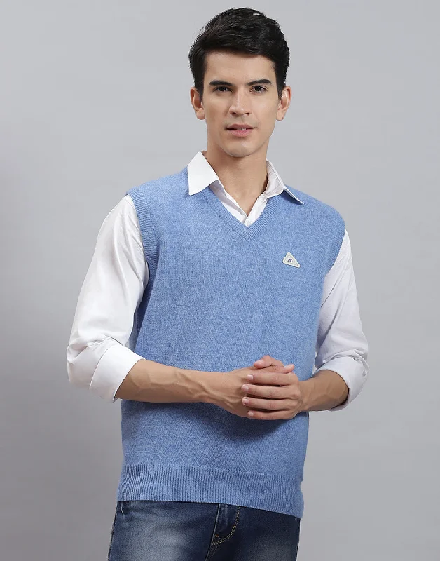 Men Blue Solid V Neck Sleeveless Sweater