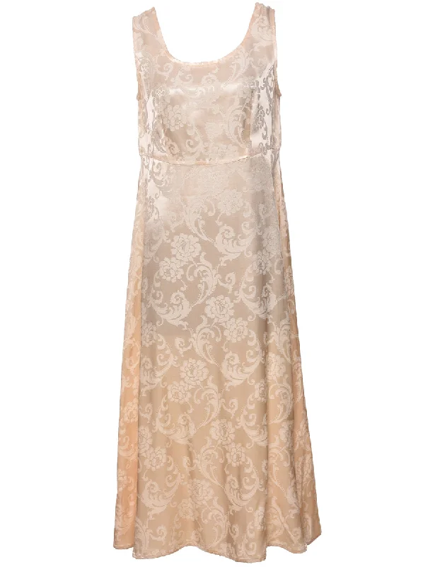 Jacquard Design Beige Metallic Floral Evening Dress - L