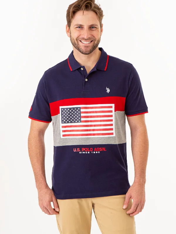 PRINTED FLAG COLORBLOCK PIQUE POLO SHIRT