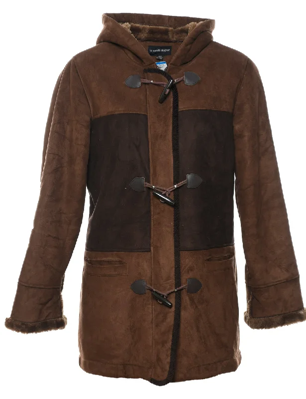 Hooded Brown Contrast Panel Faux Shearling Lined Jacket - M