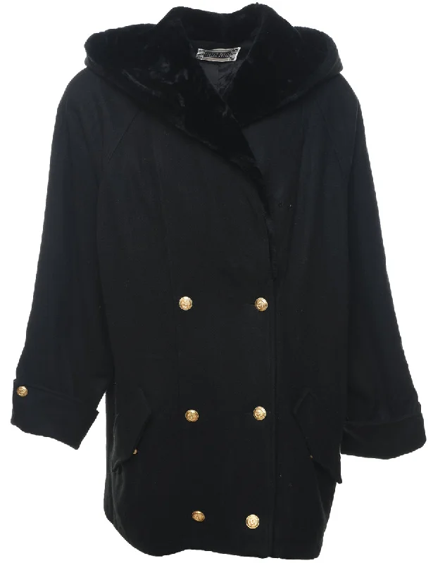 Hooded Faux Fur Trim Black Classic Wool Coat - XL