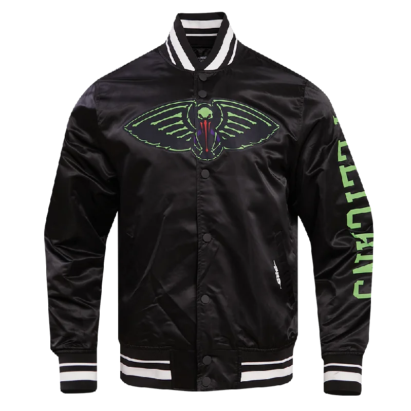 NBA NEW ORLEANS PELICANS MARDI GRAS MEN'S CHEST RIB SATIN JACKET (BLACK)