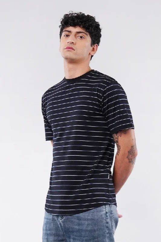 Striped Curved Hem T-Shirt - Black