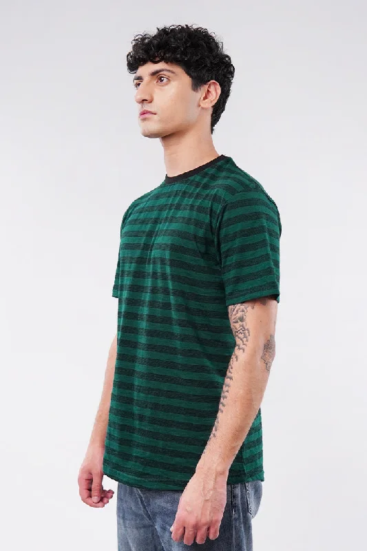 Striped Curved Hem T-Shirt - Green